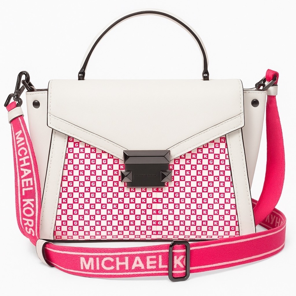 Michael Kors Whitney Medium Neon Checkerboard Logo Satchel Crossbody White/Pink - Picture 1 of 14